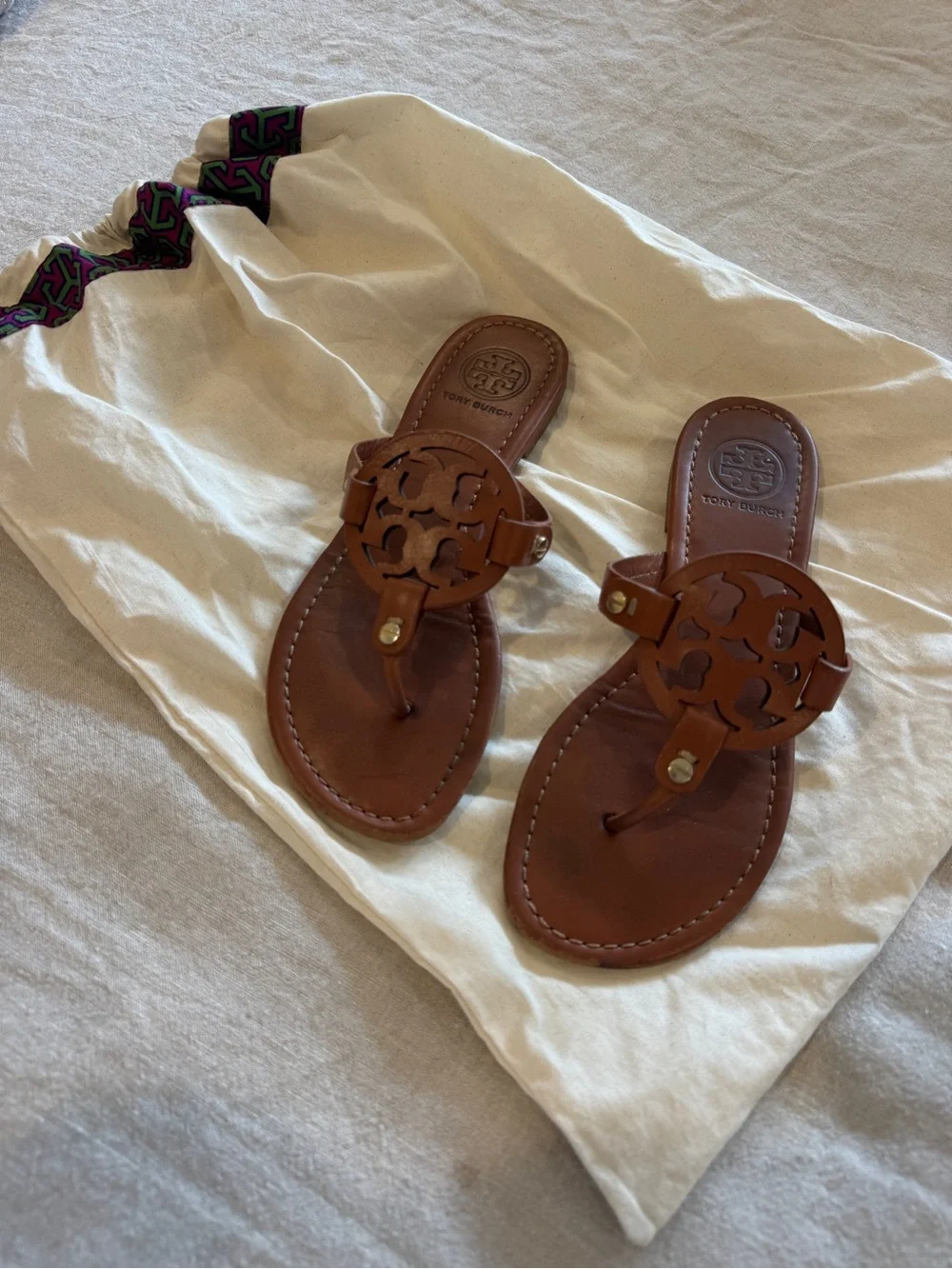 Tory Burch Brown Leather Miller Thong Sandals with Logo Medallion